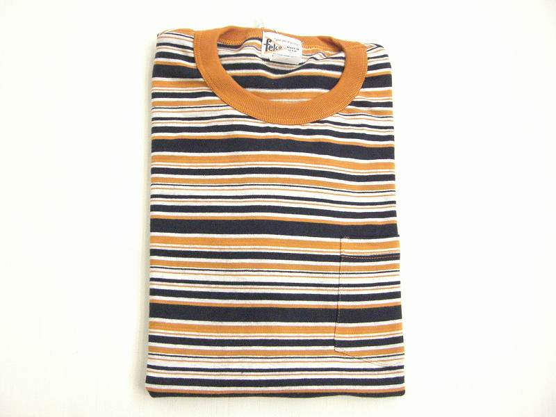フェルコ 半袖クルーネック3カラーマルチストライプポケットTシャツ オレンジ×ネイビー - EVERGREEN