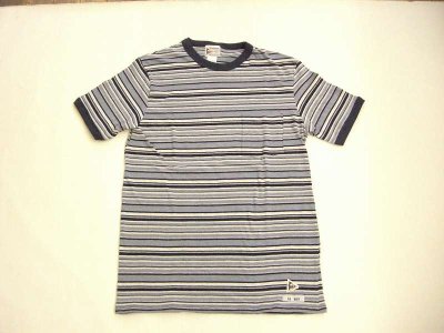 画像1: フェルコ 半袖クルーネック３カラーマルチストライプポケットTシャツ　ヘザーブルー×ネイビー